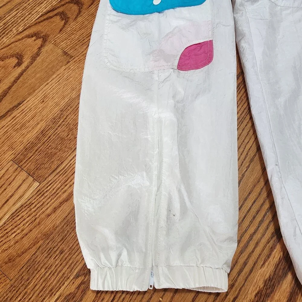 80s Vintage White Parachute Pants w/ Colorful Pocket by Sergio Valente| Medium